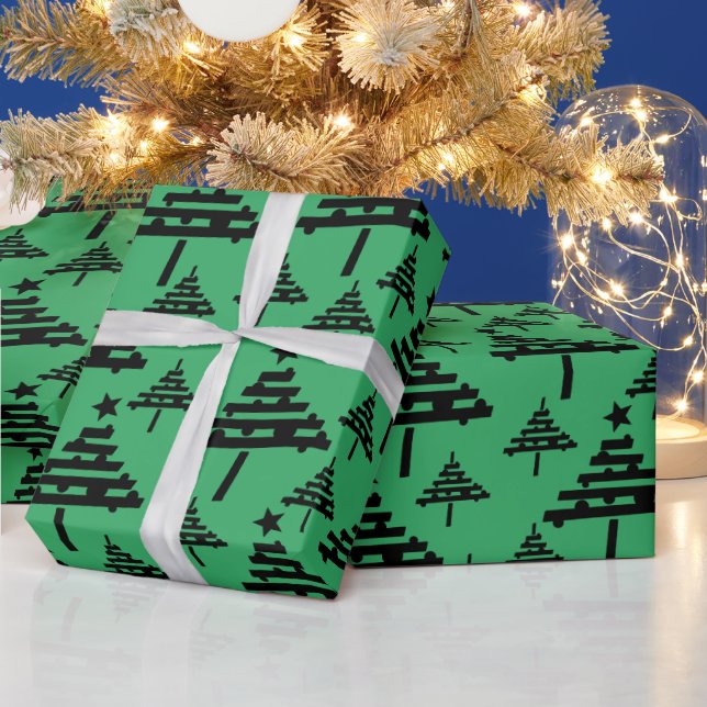 Einfaches Weihnachtsbaummuster Schwarzer Grüner Ur Geschenkpapier (Feiertage)