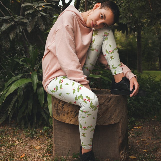 Einfaches Weihnachtsmuster Leggings (Holiday greenery and red holly berries leggings)