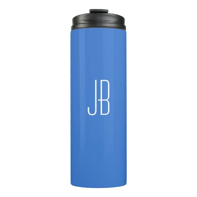 Einfaches weißes Monogramm oder Name auf Blau Thermosbecher (Vorderseite)