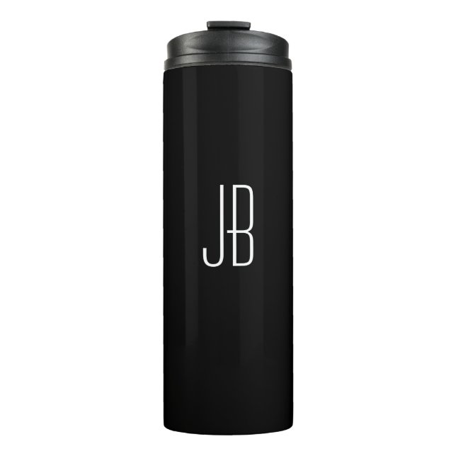 Einfaches weißes Monogramm oder Name auf Schwarz Thermosbecher (Vorderseite)