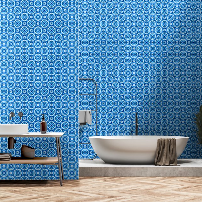 Einfaches, weißes und blaues mediterranes Muster Tapete (Badezimmer)