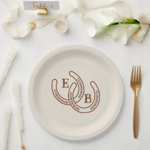 Einfaches Western Hufeisen Hochzeitsmonogramm Pappteller