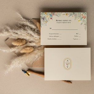Einfaches Wildblumen-Farn-Beige-Hochzeitsmonogramm RSVP Karte