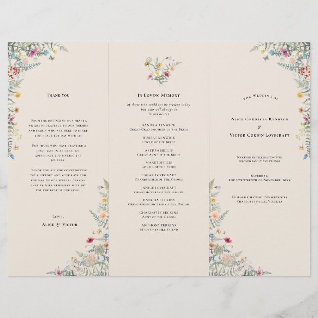 Einfaches Wildblumen-Farn-Beige-Hochzeitsprogramm- (Vorderseite)