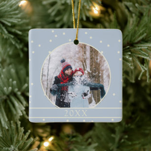 Einfaches Winter-Schnee-Foto-Andenken Blaues Weihn Keramikornament