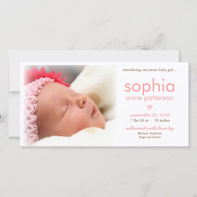 Einfachheit Baby Girl Foto Geburtsankündigung Ankündigung (Vorderseite)