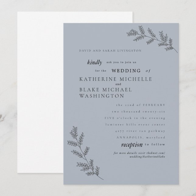 Einfachheit, Dusty Blue Parters Website Hochzeiten Einladung (Vorne/Hinten)