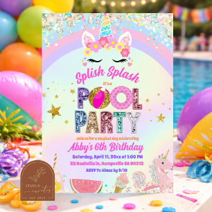 Einfadung zur Pastell-Regenbogen-Einhorn-Poolparty Einladung