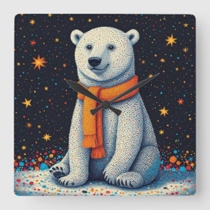 Einfallsreicher Eisbär mit orangem Schal Quadratische Wanduhr
