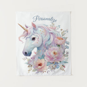 Einfallsreiches Einhorn mit pastellfarbenen Blumen Wandteppich