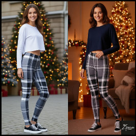 Einfarbig Grau Schwarz Weiß Kariert Tartan Leggings