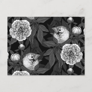 Einfarbige Blume von Vögeln und Birnen, grau Postkarte