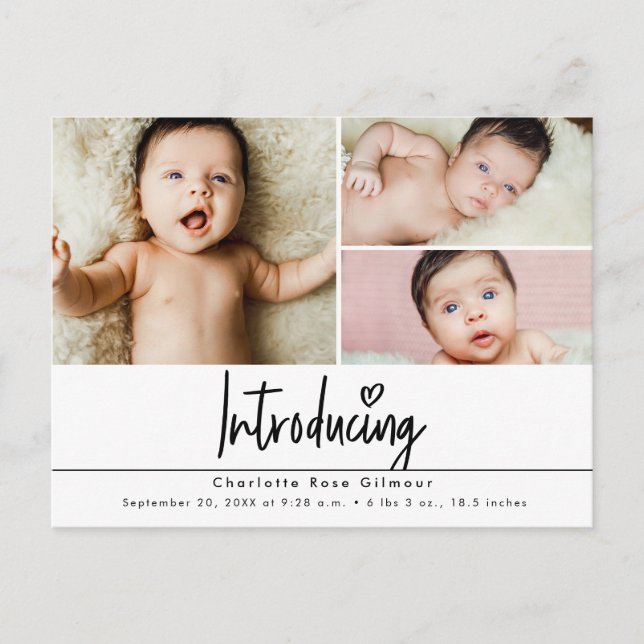Einführung Baby 3 Fotos danke Postkarte (Vorderseite)