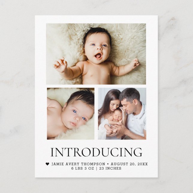 Einführung Baby Custom 3 Fotos Modernes Herz Postkarte (Vorderseite)
