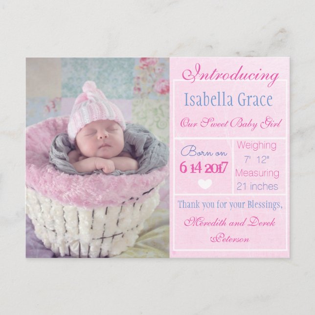 Einführung der neuen Baby Girl Ankündigung Postcar (Vorderseite)