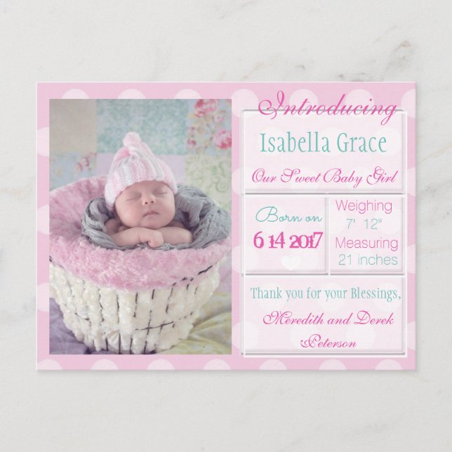Einführung der neuen Baby Girl Ankündigung Postcar (Vorderseite)
