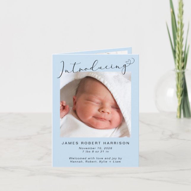 Einführung von Fotos Blue Baby Boy Birth Ankündigung (Vorderseite)