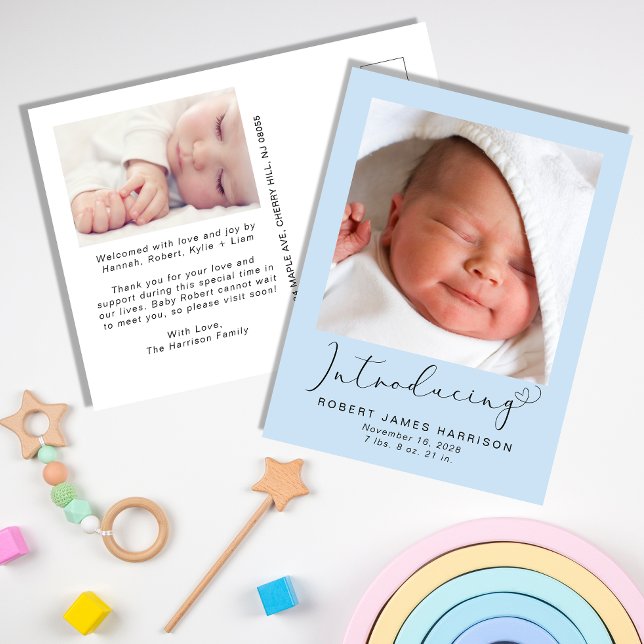 Einführung von Fotos Blue Baby Boy Birth Ankündigungspostkarte (Von Creator hochgeladen)