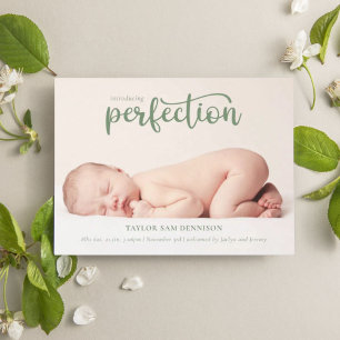Einführung von Perfection Simple Script Foto Birth Ankündigung