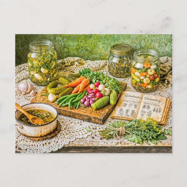 Eingelegte Gurken und frische Gemüse in rustikalem Postkarte (Vorderseite)