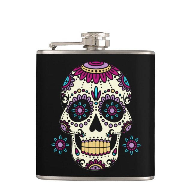 Eingepackte Taschenflasche im Vinyl Totenkopf Flachmann (Vorderseite)