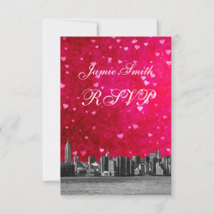 Eingeprägte NYC-Skyline Hot Pink Rotes Herz RSVP m Karte
