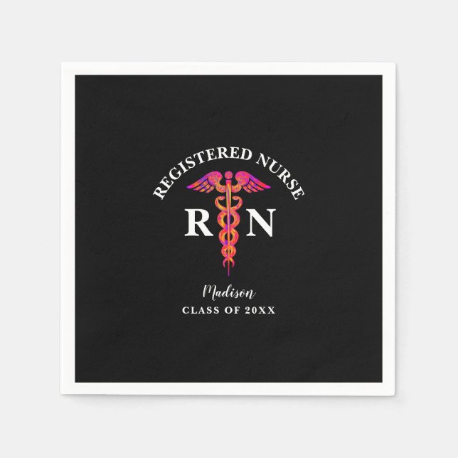 Eingetragener Nurse-Abschluss Pink Black Caduceus Serviette (Vorderseite)