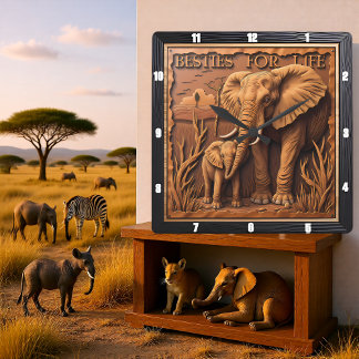Eingravierter Elefant Mutter Baby im Staub Quadratische Wanduhr