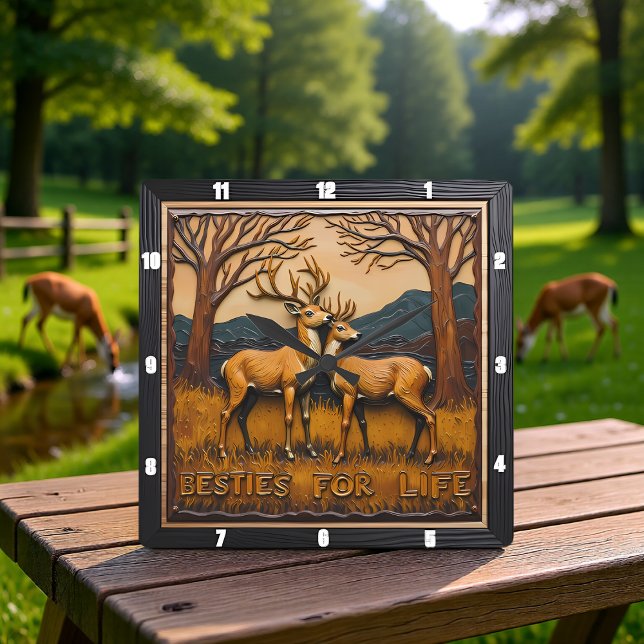 Eingraviertes Hirschpaar Sonnenuntergangs Wald Quadratische Wanduhr (Von Creator hochgeladen)