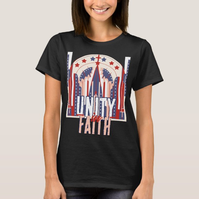 Einheit im Glauben: Eine patriotische Denim Jacket T-Shirt (Vorderseite)
