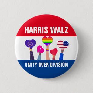 Einheit über Division Harris Walz Tim Walz Red Blu Button