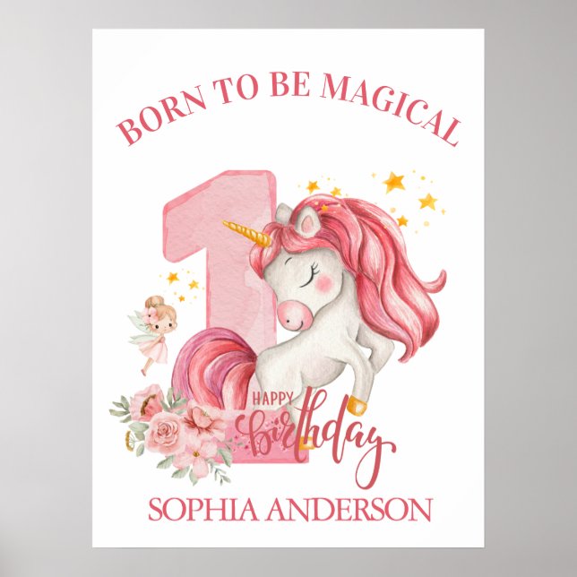 Einhorn 1. Geburtstag Rosa Kleines Mädchen Poster (Vorne)