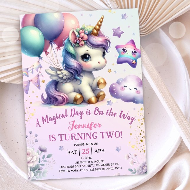 Einhorn 2. Geburtstag Einladung Girl Lila & Gold (#UnicornBirthdayInvitation #UnicornBirthdayInvitationTemplate #UnicornBirthdayInvitationEditable 
)