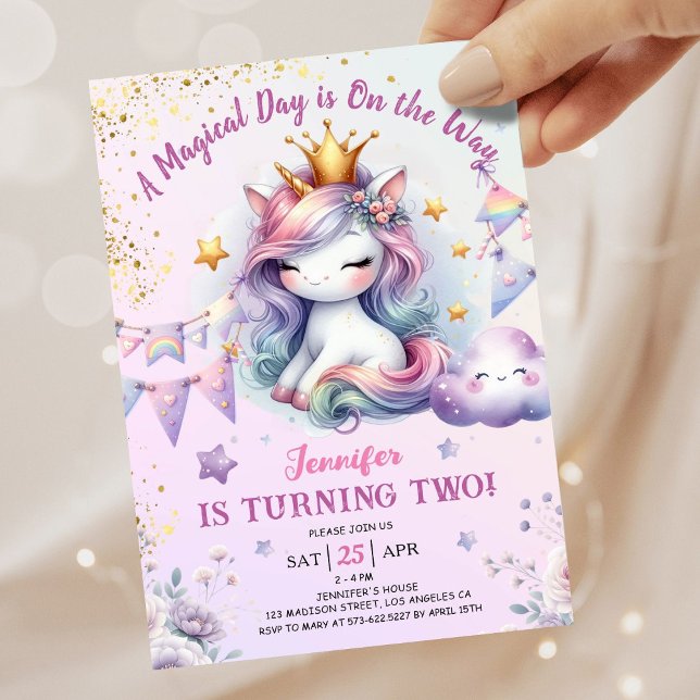 Einhorn 2. Geburtstag Einladung Girl Pink & Gold (#UnicornBirthdayInvitation #UnicornBirthdayInvitationTemplate #UnicornBirthdayInvitationEditable 
)