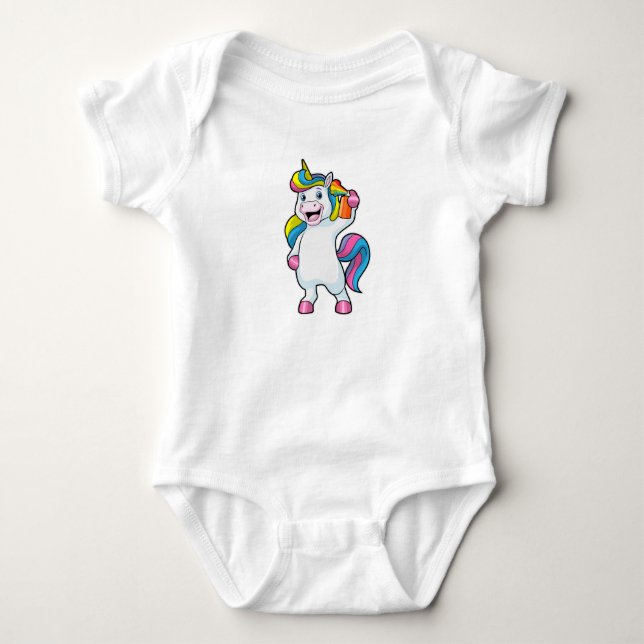 Einhorn als Friseur mit Haarspray Baby Strampler (Vorderseite)