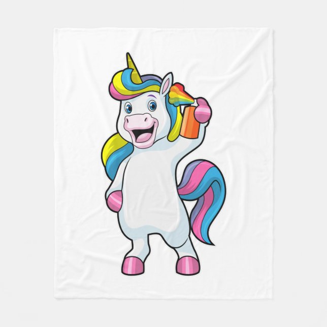 Einhorn als Friseur mit Haarspray Fleecedecke (Vorderseite)