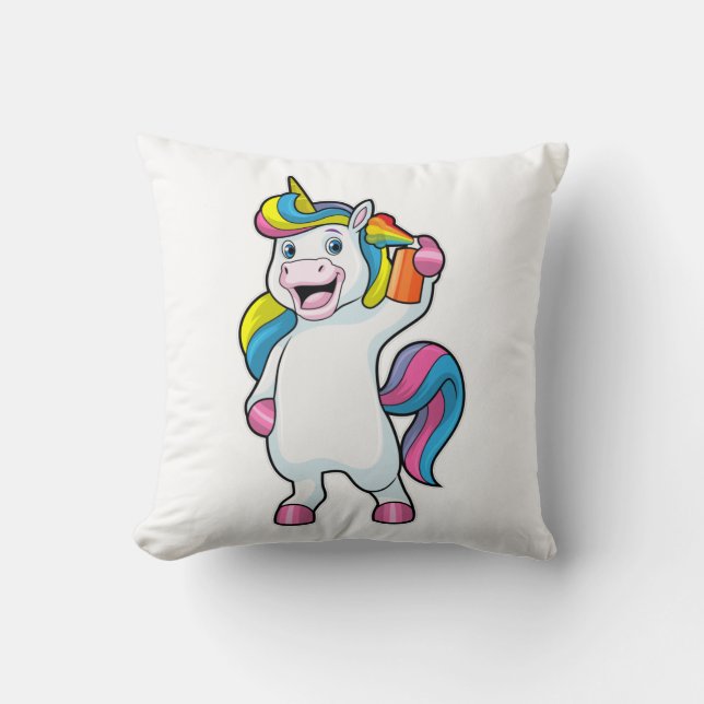 Einhorn als Friseur mit Haarspray Kissen (Vorderseite)