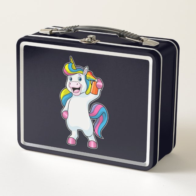 Einhorn als Friseur mit Haarspray Metall Brotdose (Vorderseite)
