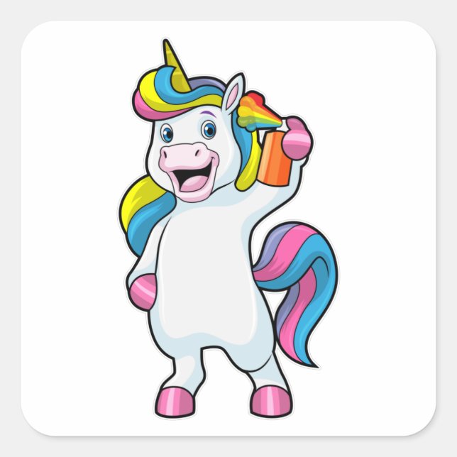 Einhorn als Friseur mit Haarspray Quadratischer Aufkleber (Vorderseite)