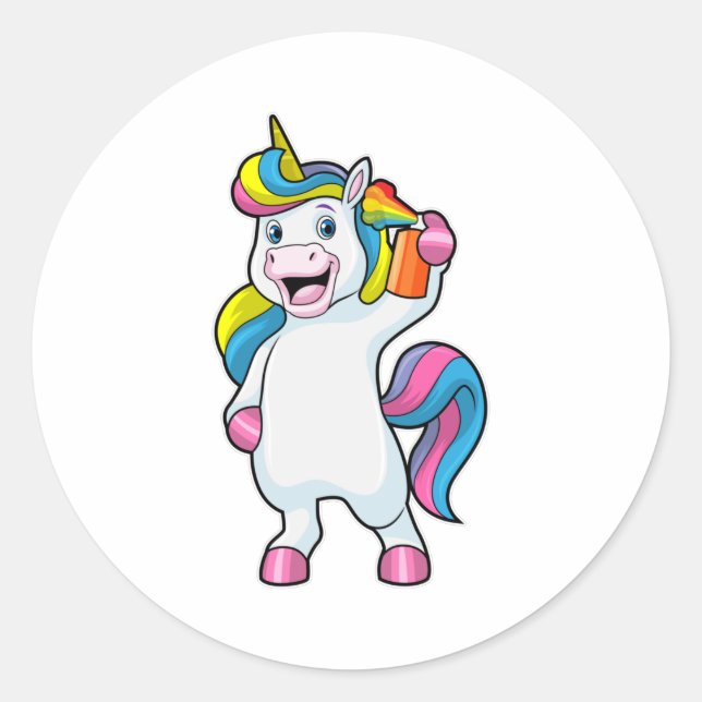 Einhorn als Friseur mit Haarspray Runder Aufkleber (Vorderseite)
