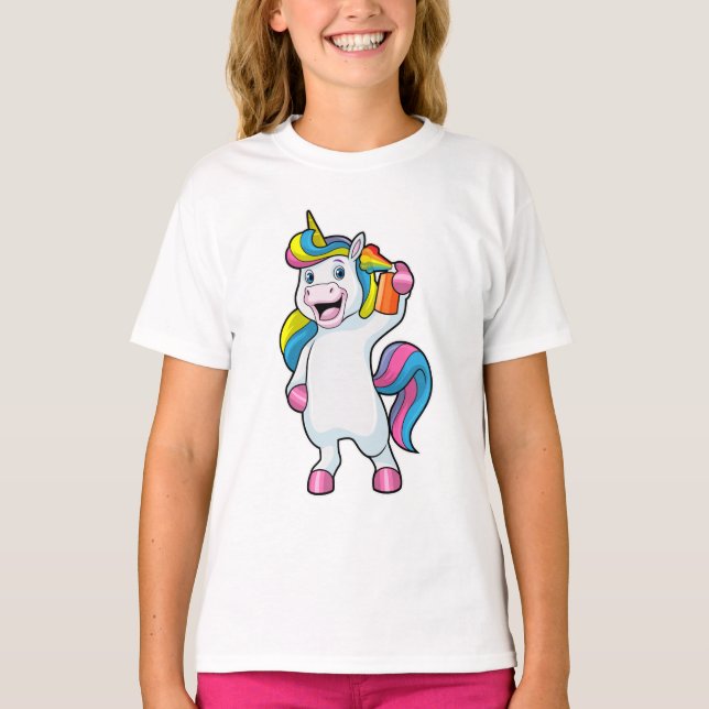 Einhorn als Friseur mit Haarspray T-Shirt (Vorderseite)