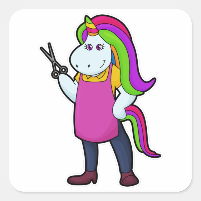 Einhorn als Friseur mit Schere Quadratischer Aufkleber (Vorderseite)