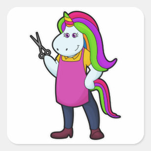 Einhorn als Friseur mit Schere Quadratischer Aufkleber