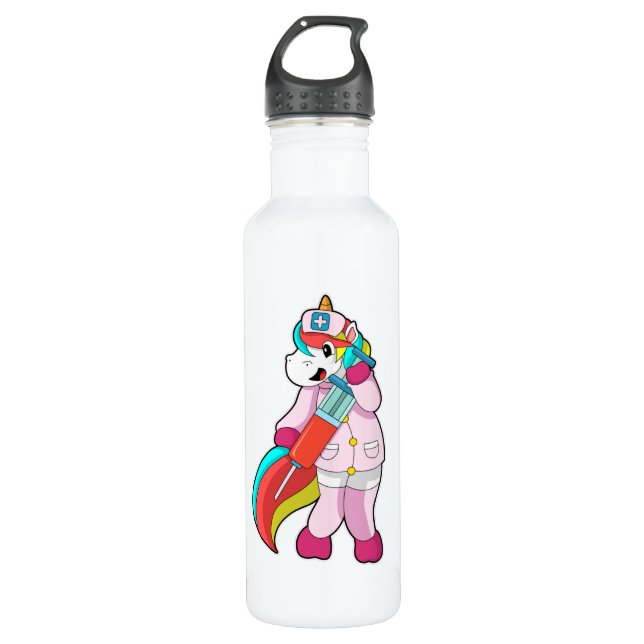 Einhorn als Krankenschwester bei Impfung und Sprit Edelstahlflasche (Vorderseite)