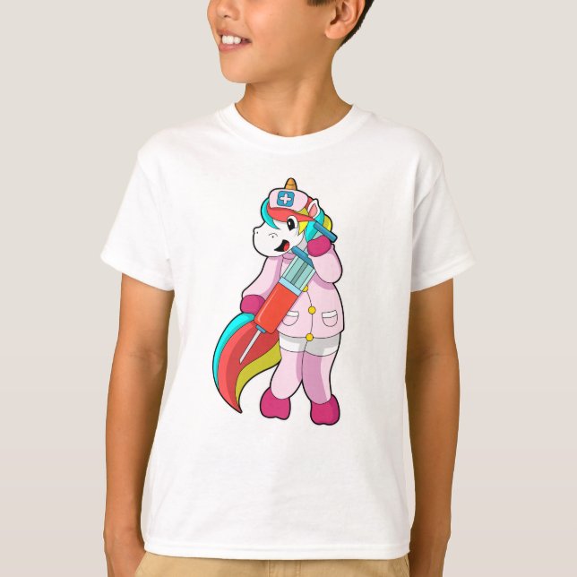 Einhorn als Krankenschwester bei Impfung und Sprit T-Shirt (Vorderseite)
