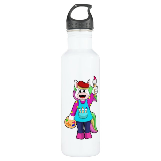 Einhorn als Maler Edelstahlflasche (Vorderseite)