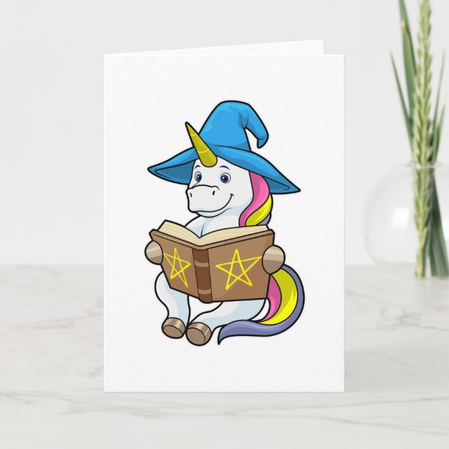 Einhorn als Zauberer mit Buch und Hut Karte (Vorderseite)