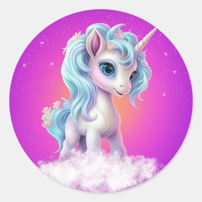 Einhorn am rosa Himmel/Sternen/Wolke Runder Aufkleber (Vorderseite)