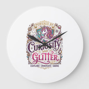 Einhorn, angetrieben von Neugier und Glitter Styli Große Wanduhr
