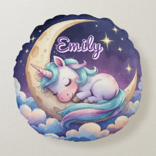 Einhorn auf dem Mond, bearbeitbarer Name Rundkisse Rundes Kissen